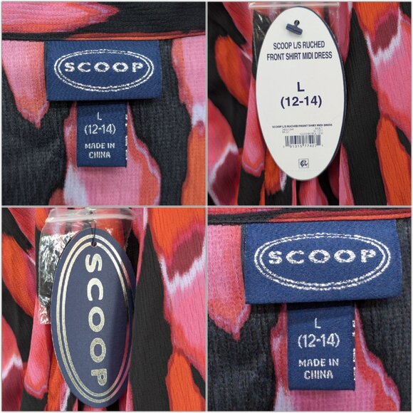 SCOOP Midi Shirt Dress Multicolor Long Sleeve Ruched Button Front Size L - Picture 5 of 12